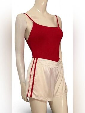 Red one piece swimsuit with matching shorts